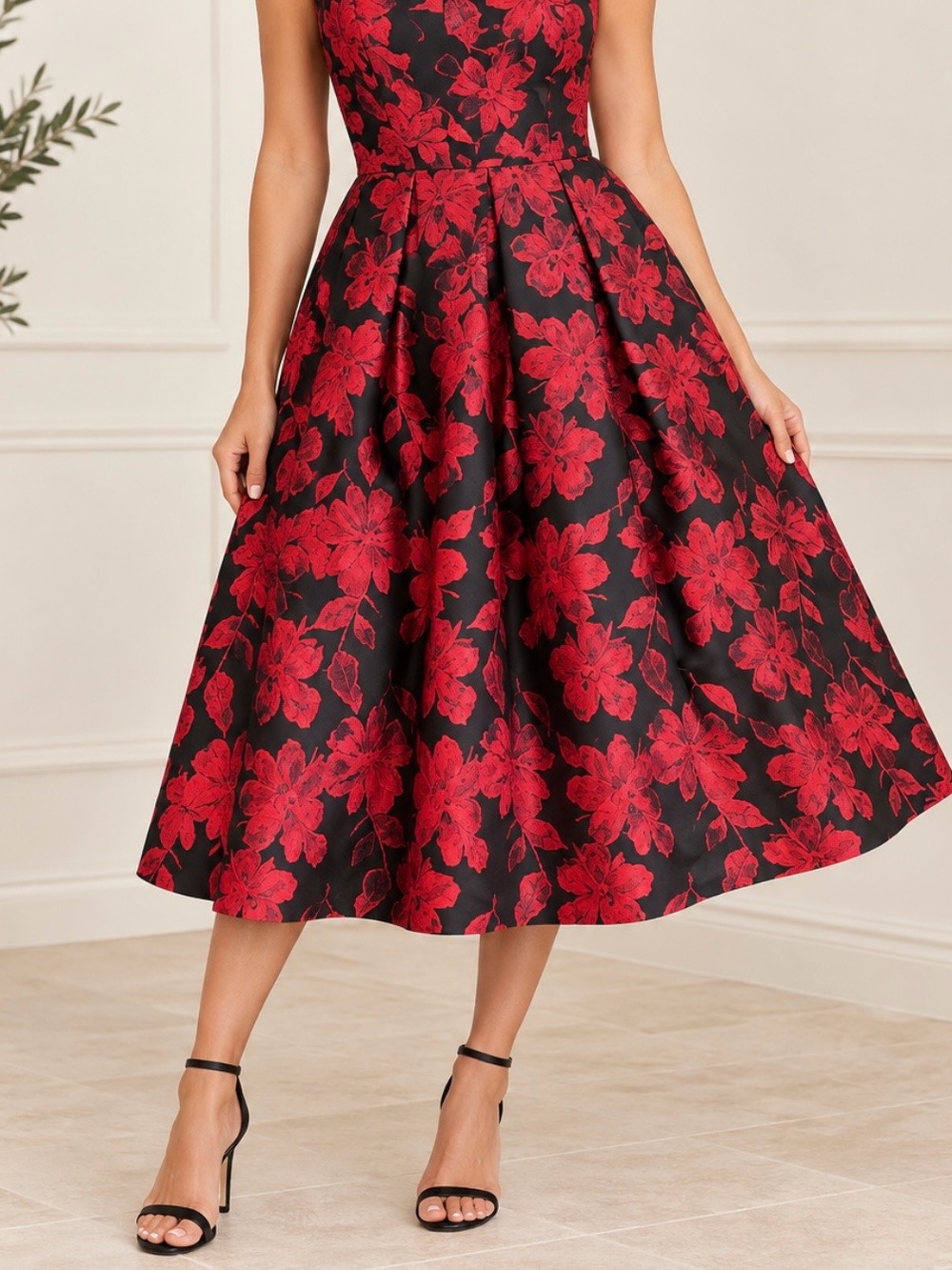 Calvin Klein Black Dress with Red Floral Jacquard Fit-and-Flare